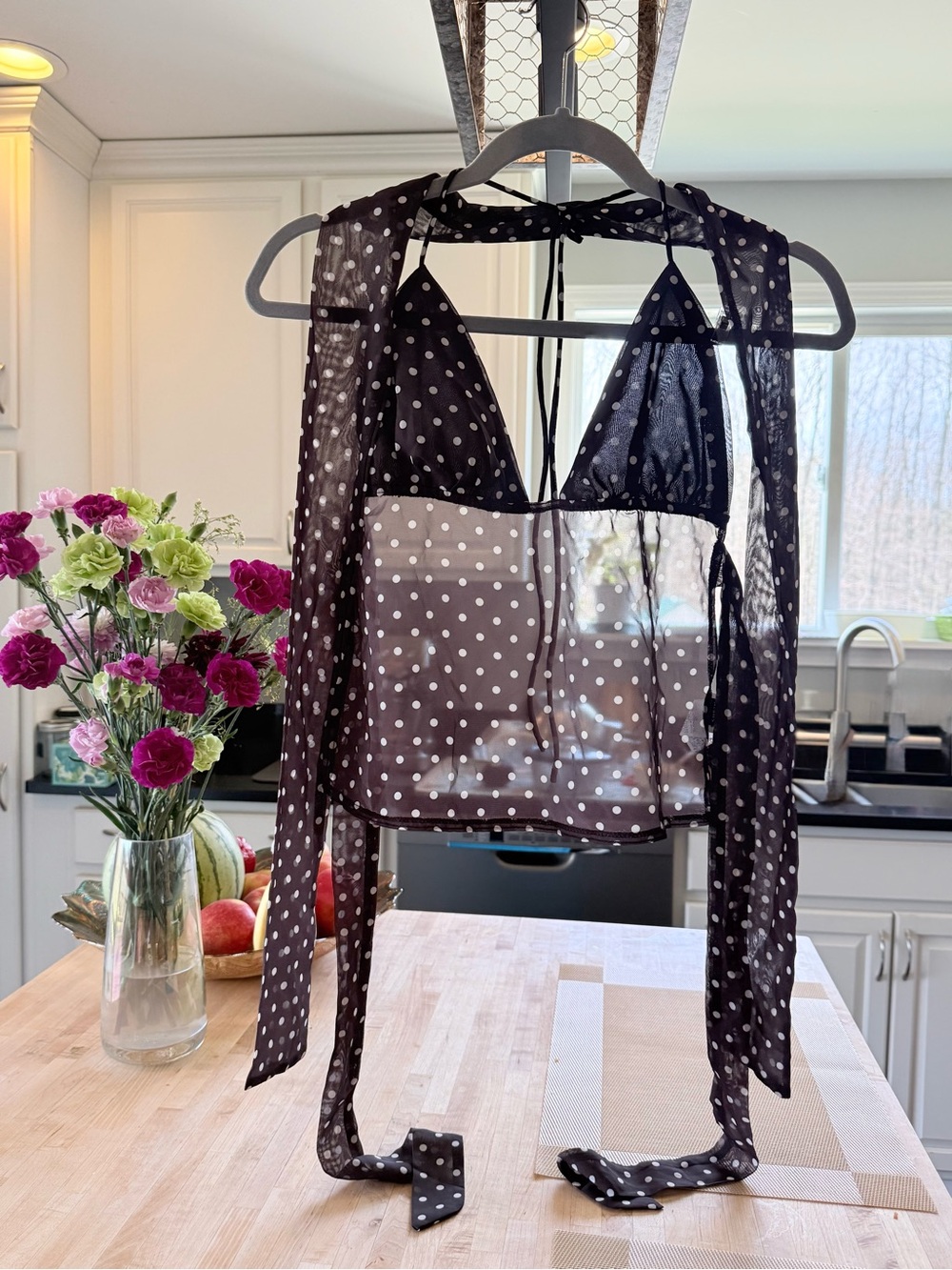 SHEIN Black Sheer Polka Dot Tie-Front Crop Top